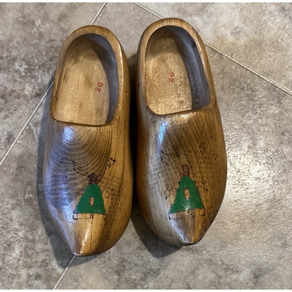 Vintage 1979 Carved Wooden Dutch Clogs Sz 26, Windmill